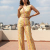 Yellow Ikat Pure Chanderi Halter Wrap Crop Top & Wide-Leg Pants
