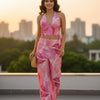 Pink Abstract Printed Co-ord Set for Women - Halter Neck Crop Top & Wide-Leg Pants