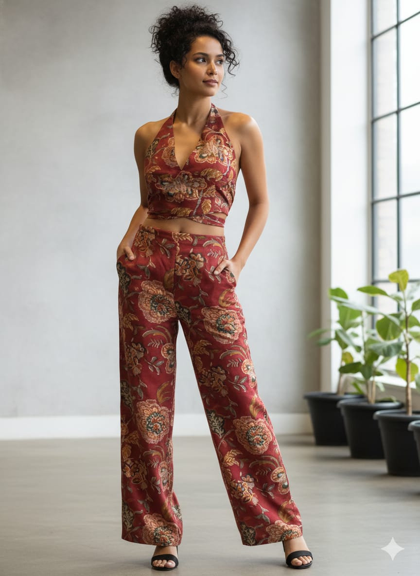 Rust Floral Chanderi Halter Neck Co-ord Set