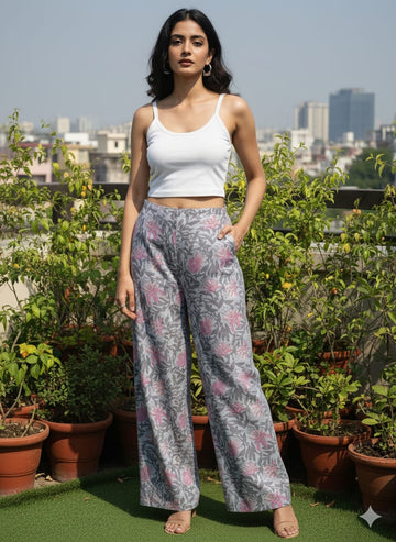 Grey Floral Printed Chanderi Straight Pants for Women