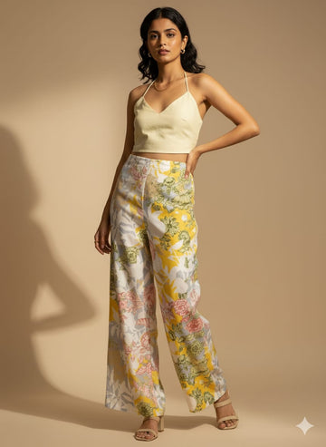 Yellow Floral Printed Chanderi Straight Pants for Women
