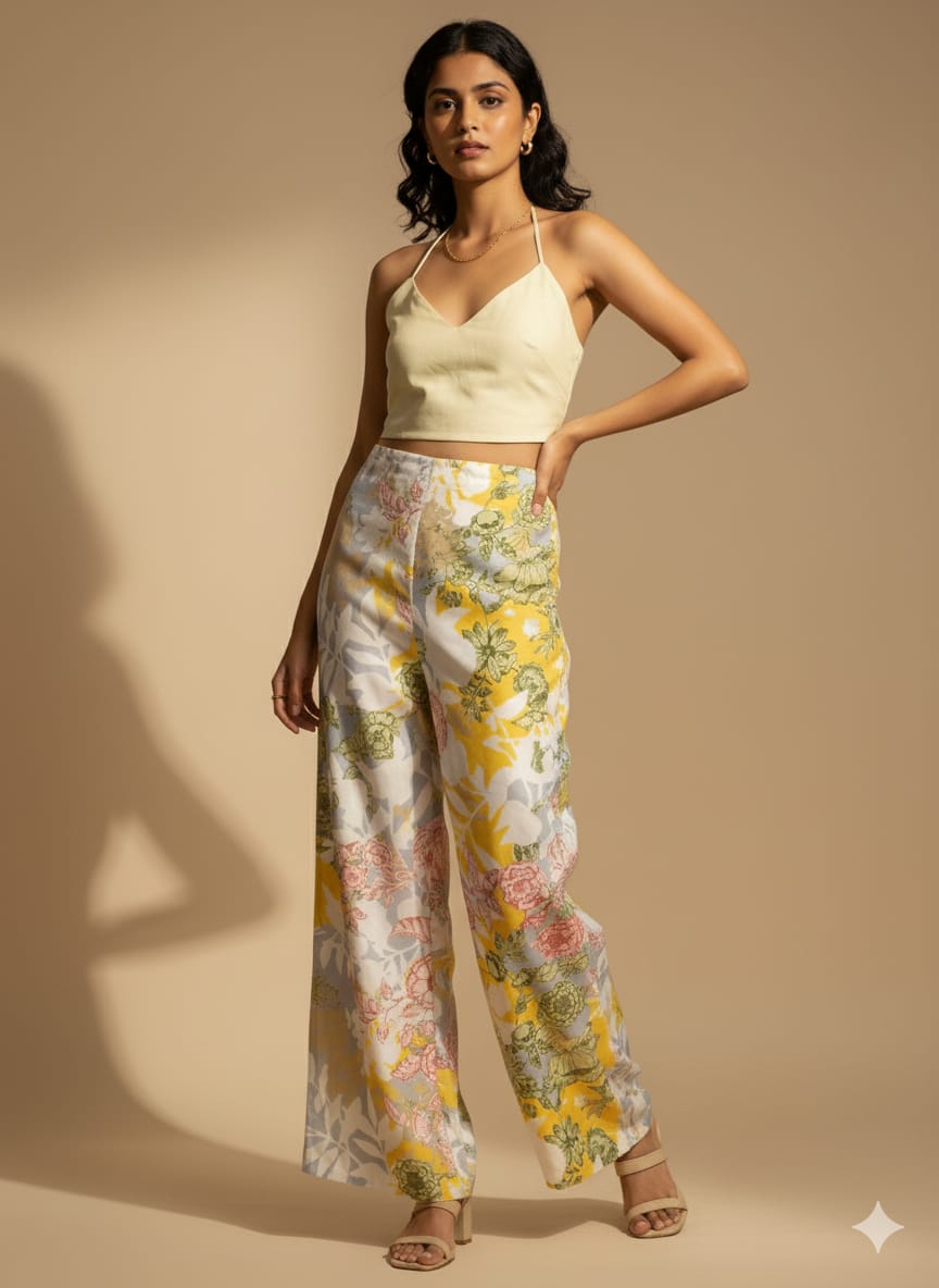 Yellow Floral Printed Chanderi Straight Pants for Women