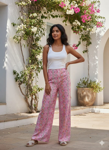 Pink Printed Chanderi Wide Leg Pants for Women