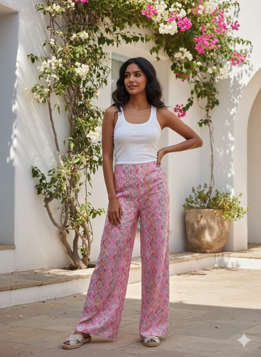 Pink Printed Chanderi Wide Leg Pants for Women