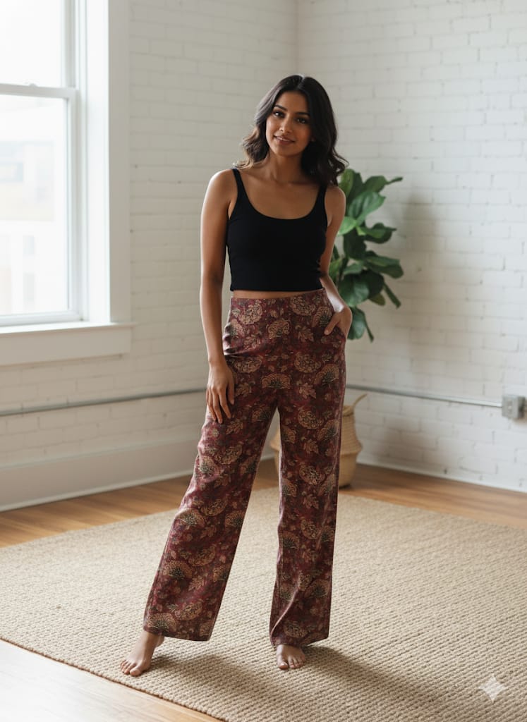 Brown Printed Chanderi Wide Leg Pants for Women