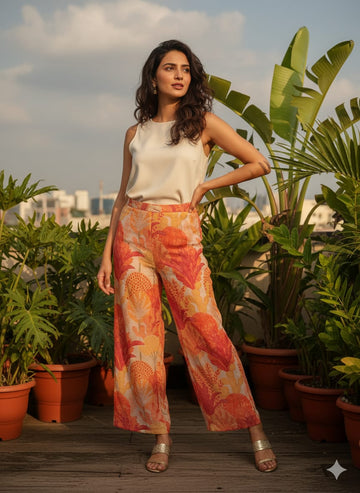 Printed Chanderi Silk Wide Leg Trousers for Women