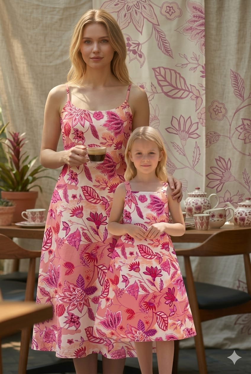 Pink Floral Mother Daughter Matching Dress Set
