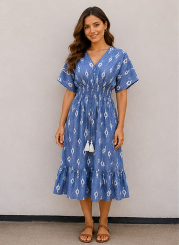 Women’s Cotton Blue Ikat Printed Smocked Waist Midi Dress