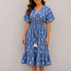 Women’s Cotton Blue Ikat Printed Smocked Waist Midi Dress