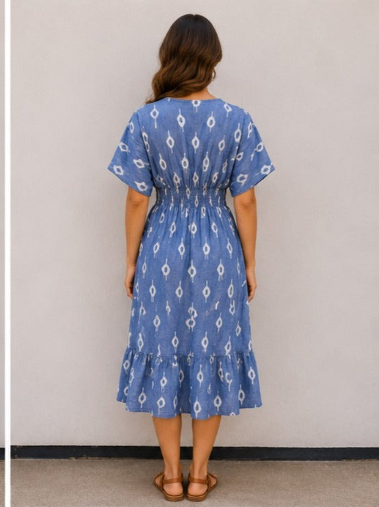 Women’s Cotton Blue Ikat Printed Smocked Waist Midi Dress