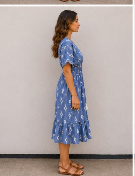 Women’s Cotton Blue Ikat Printed Smocked Waist Midi Dress