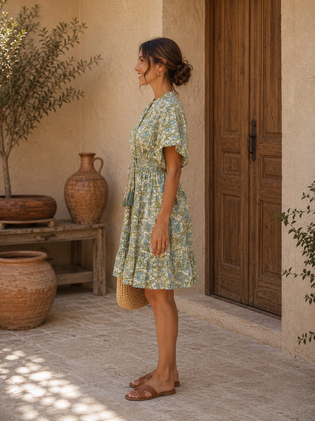 Women’s Sage Green Floral Printed Smocked Waist Midi Dress