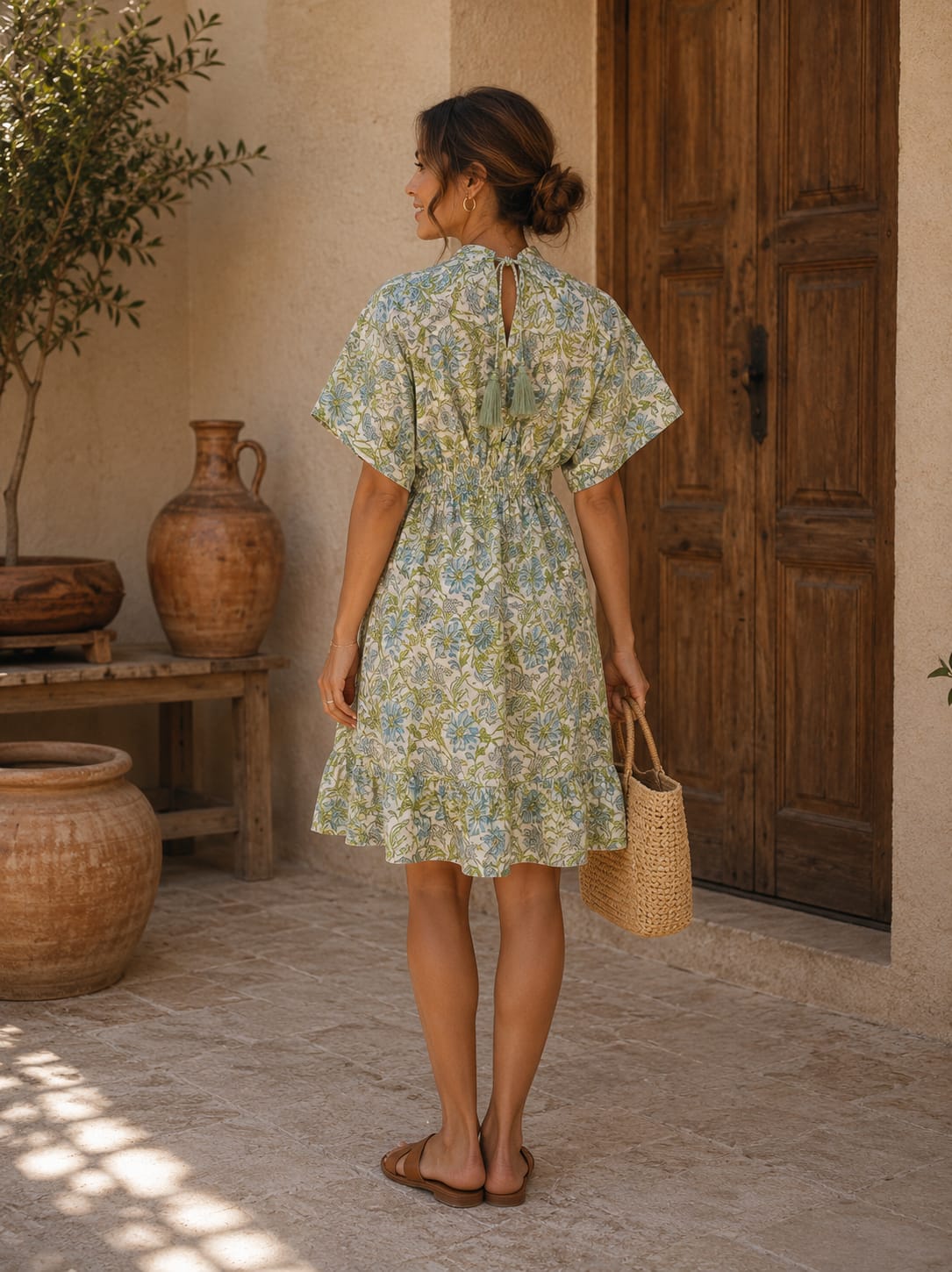 Women’s Sage Green Floral Printed Smocked Waist Midi Dress