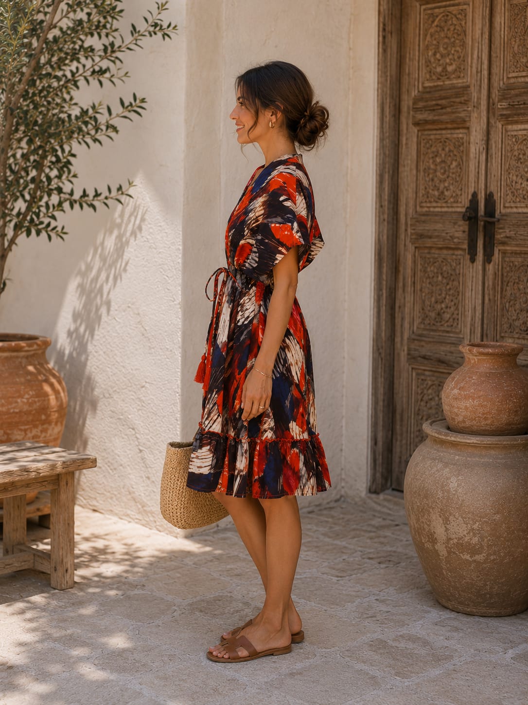 Women’s Multicolor Abstract Printed Tie-Waist Midi Dress