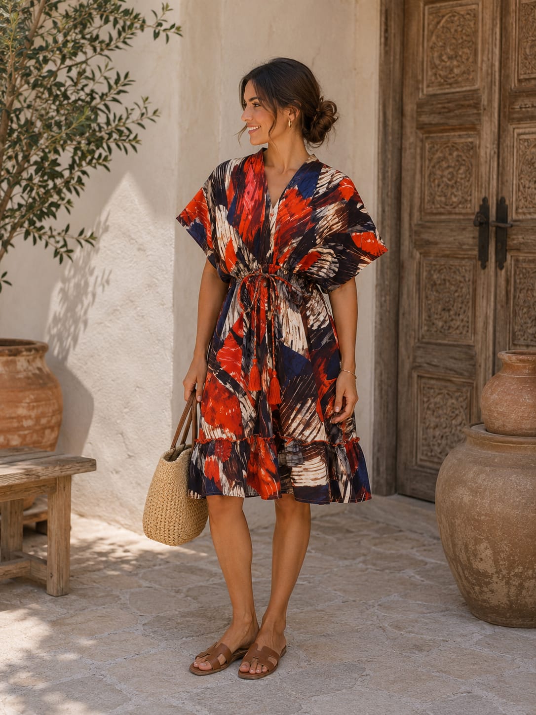 Women’s Multicolor Abstract Printed Tie-Waist Midi Dress