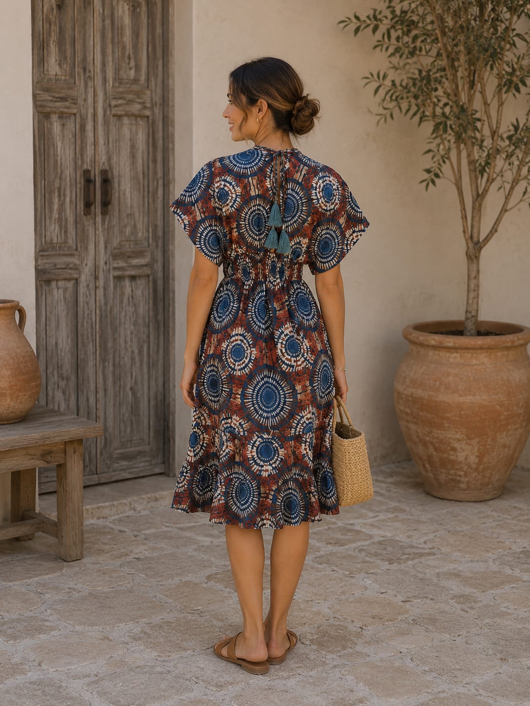 Women’s Blue Ethnic Printed Smocked Waist Midi Dress