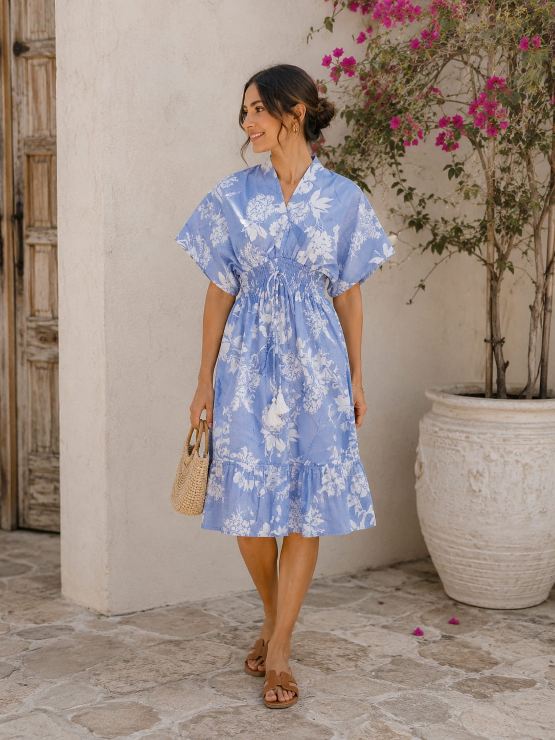 Women’s Sky Blue Floral Printed Smocked Waist Midi Dress