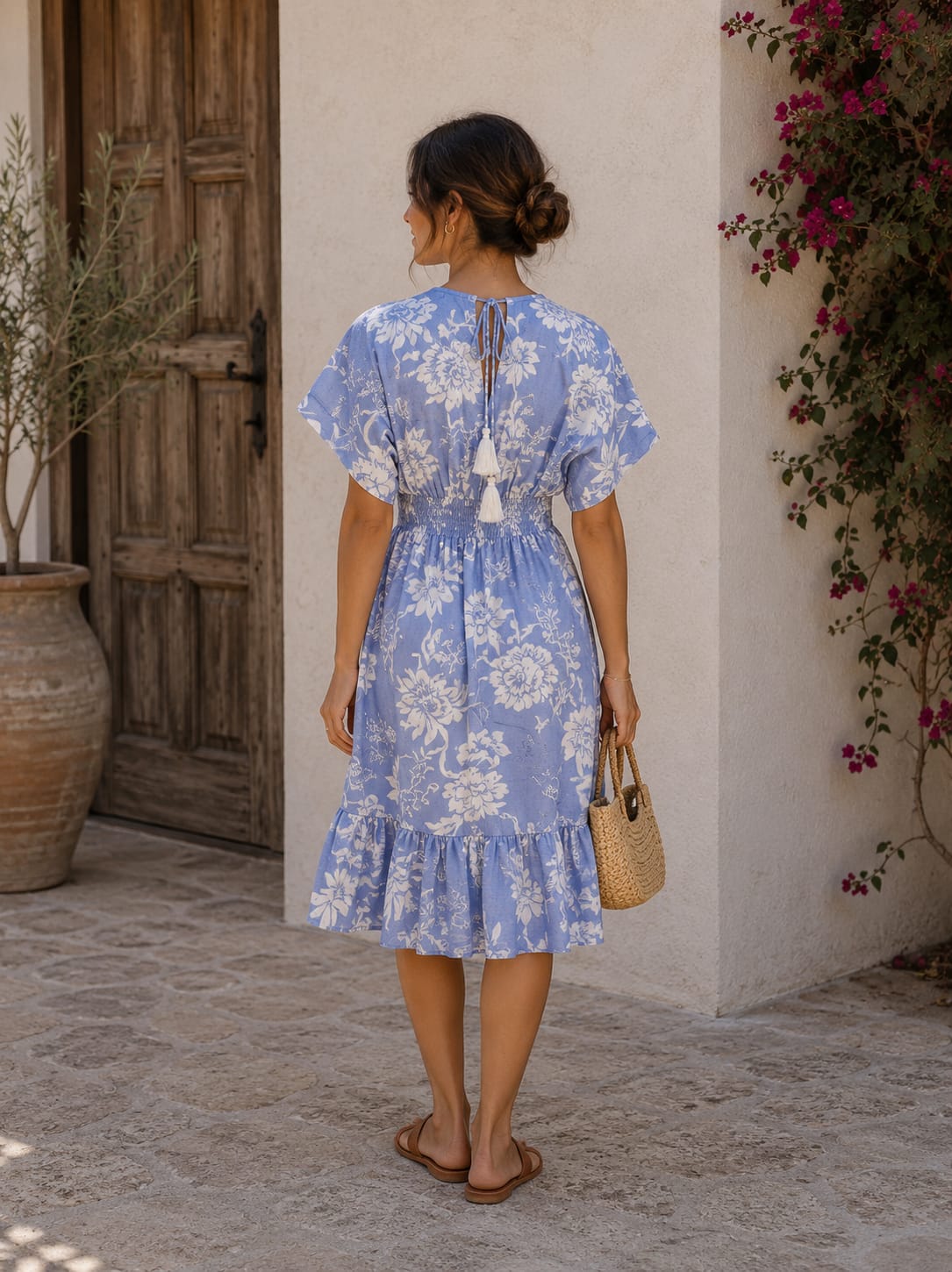 Women’s Sky Blue Floral Printed Smocked Waist Midi Dress