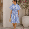 Women’s Sky Blue Floral Printed Smocked Waist Midi Dress
