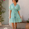 Women’s Aqua Blue Chevron Printed Smocked Waist Midi Dress