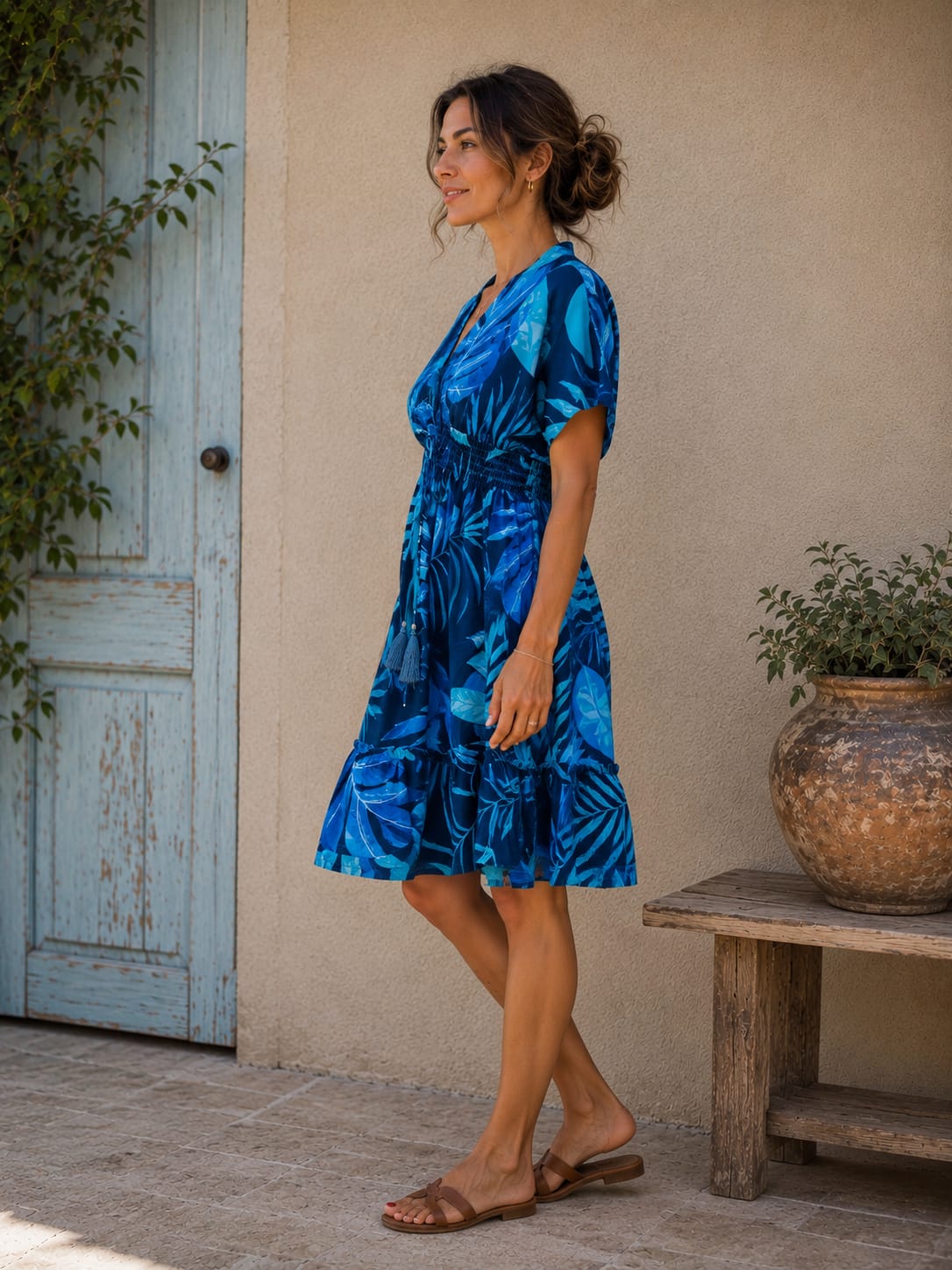 Women’s Royal Blue Tropical Leaf Printed Smocked Waist Midi Dress