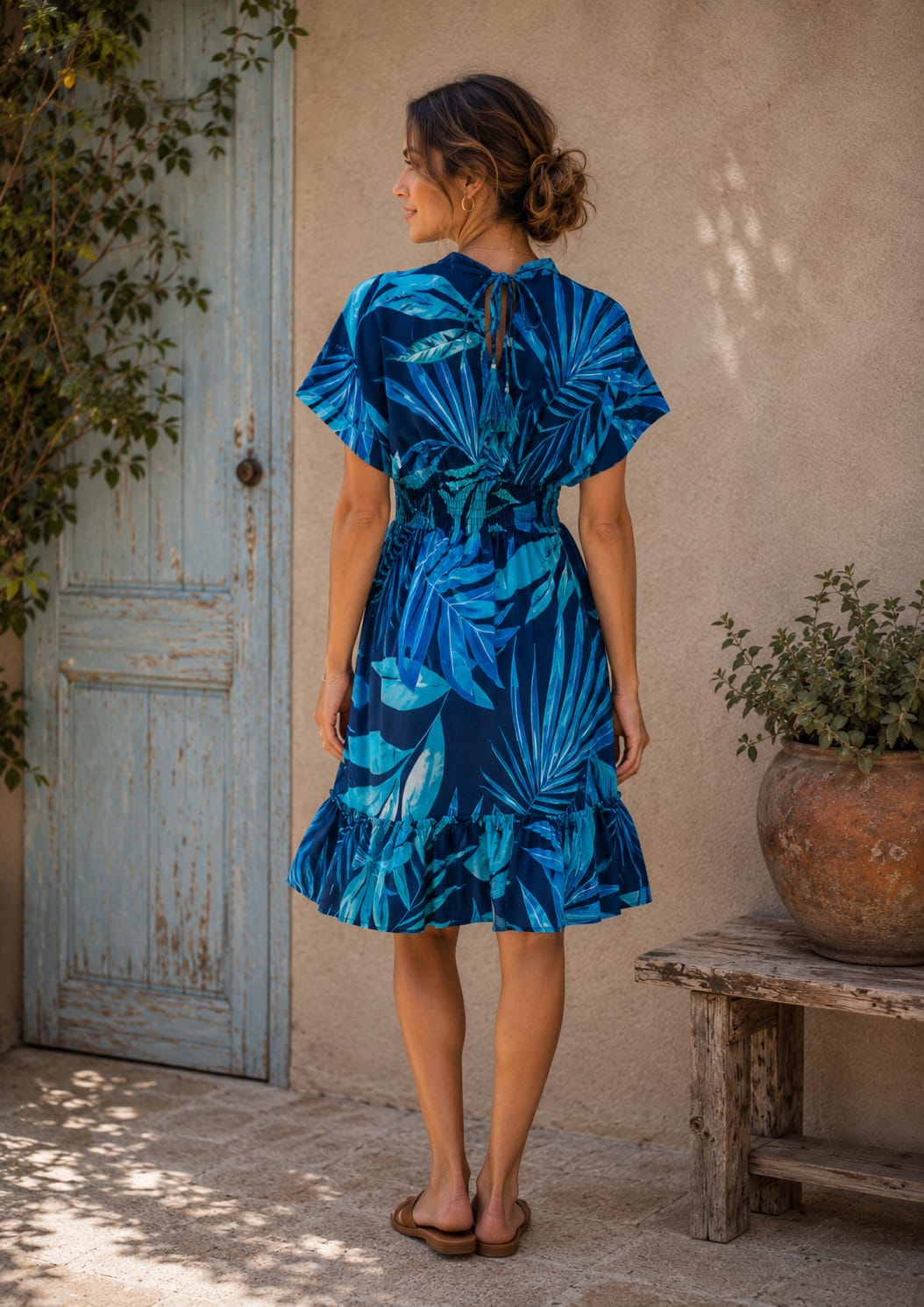Women’s Royal Blue Tropical Leaf Printed Smocked Waist Midi Dress