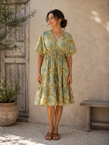 Women’s Sage Green Mandala Print Smocked Waist Midi Dress