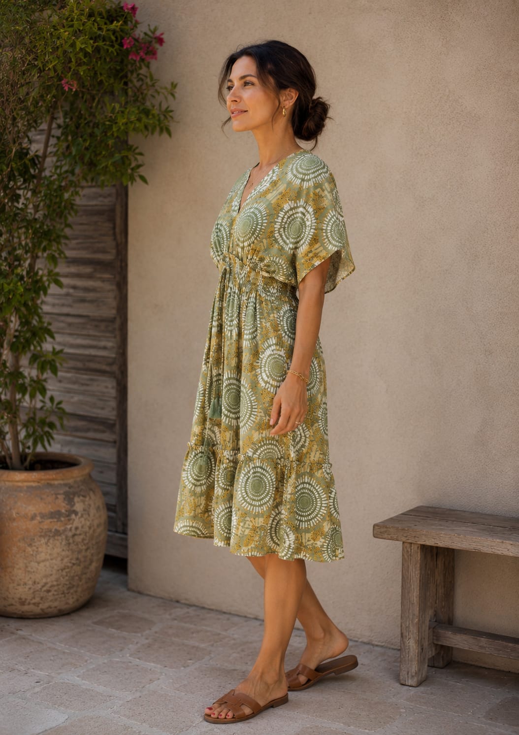 Women’s Sage Green Mandala Print Smocked Waist Midi Dress