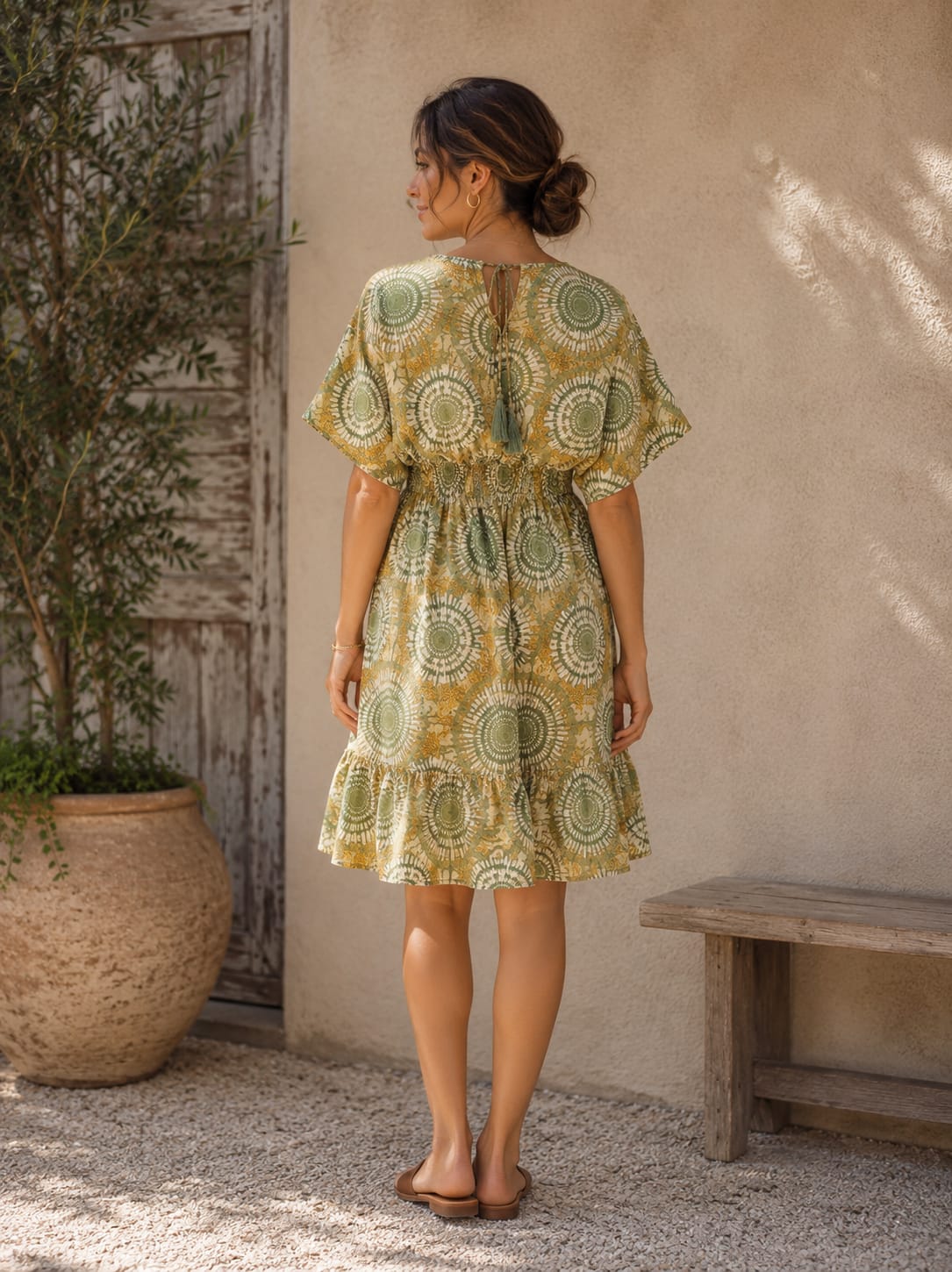Women’s Sage Green Mandala Print Smocked Waist Midi Dress