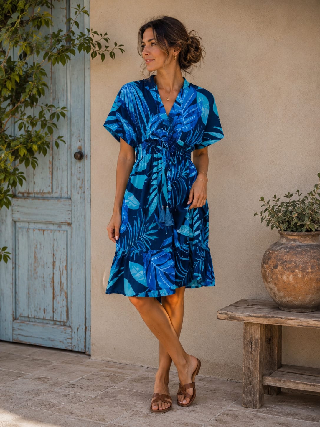 Women’s Royal Blue Tropical Leaf Printed Smocked Waist Midi Dress
