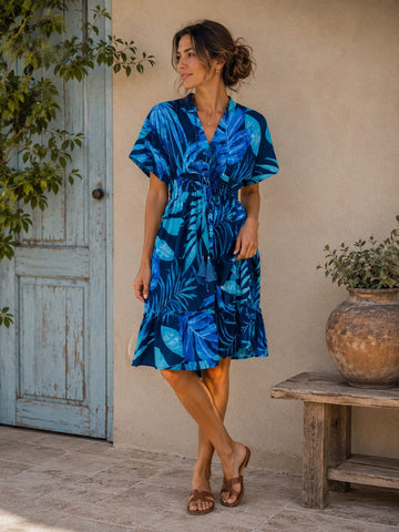 Women’s Royal Blue Tropical Leaf Printed Smocked Waist Midi Dress
