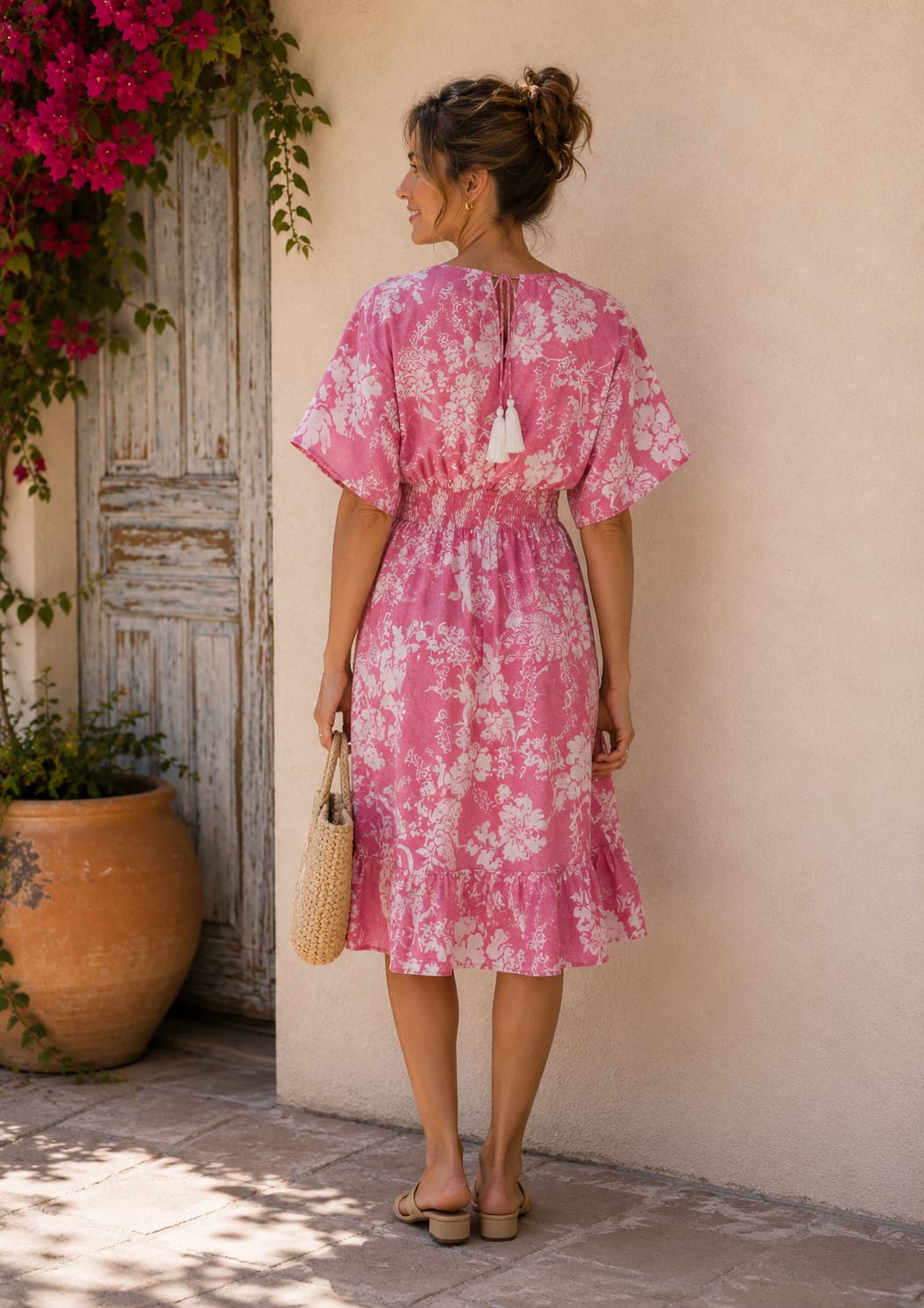 Women’s Pink Floral Print Smocked Waist Midi Dress