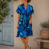 Women’s Royal Blue Tropical Leaf Printed Smocked Waist Midi Dress