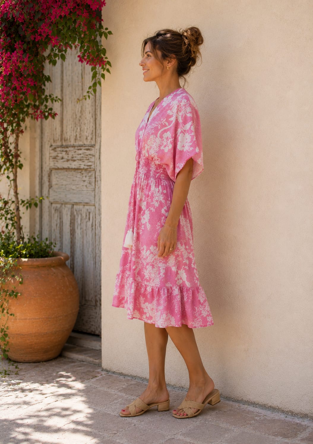 Women’s Pink Floral Print Smocked Waist Midi Dress