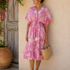 Women’s Pink Floral Print Smocked Waist Midi Dress