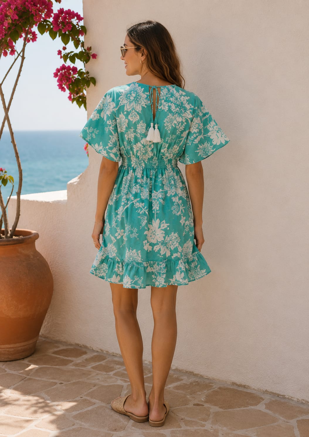 Women’s Aqua Floral Print Smocked Mini Dress