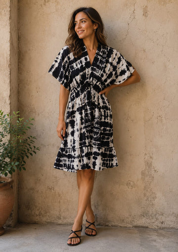 Women’s Monochrome Tie-Dye Smocked Midi Dress