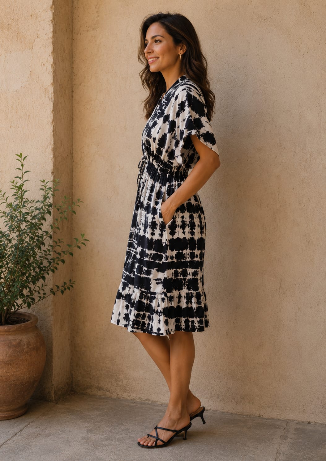 Women’s Monochrome Tie-Dye Smocked Midi Dress