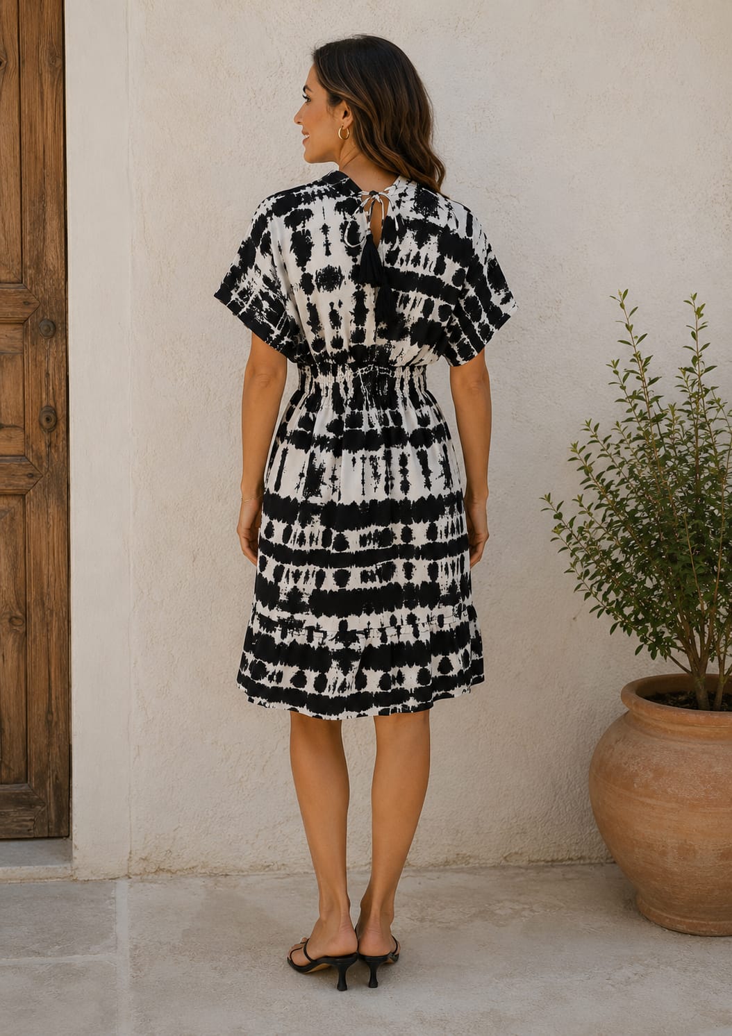 Women’s Monochrome Tie-Dye Smocked Midi Dress