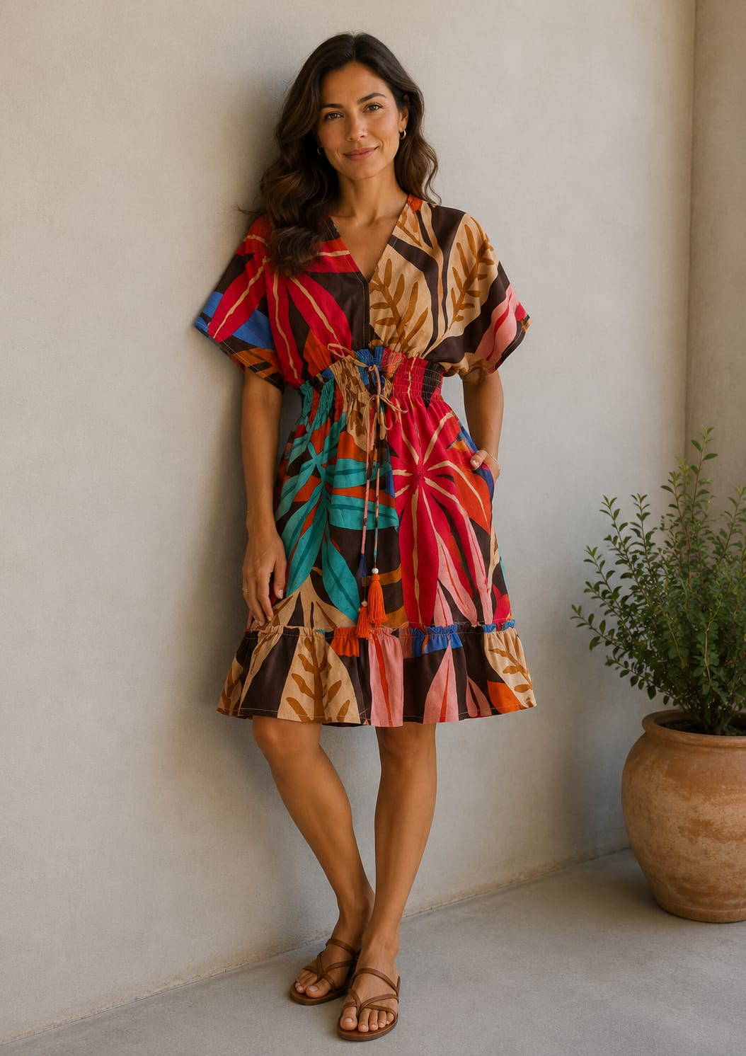 Women’s Tropical Sunset Leaf Print Smocked Midi Dress