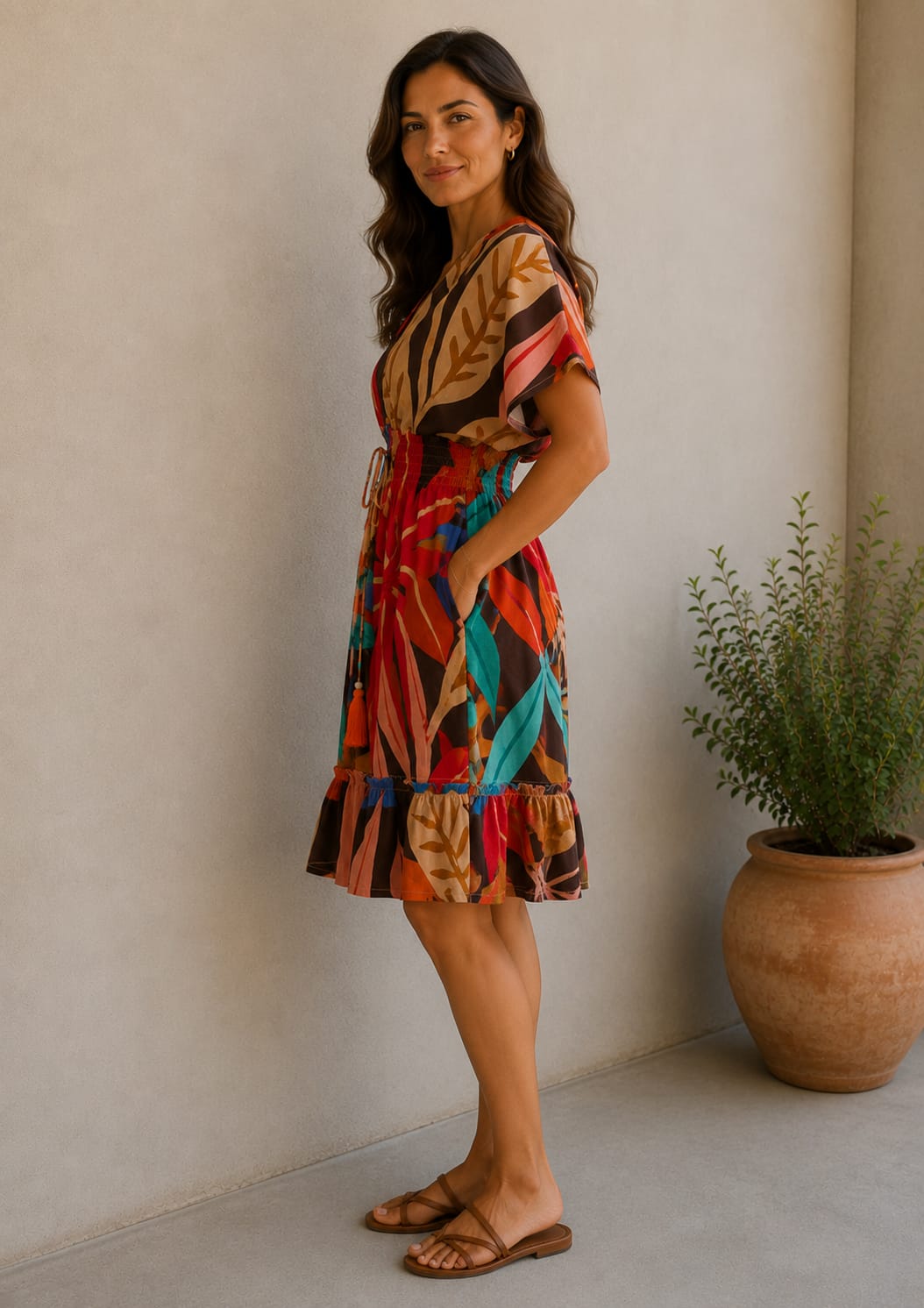 Women’s Tropical Sunset Leaf Print Smocked Midi Dress