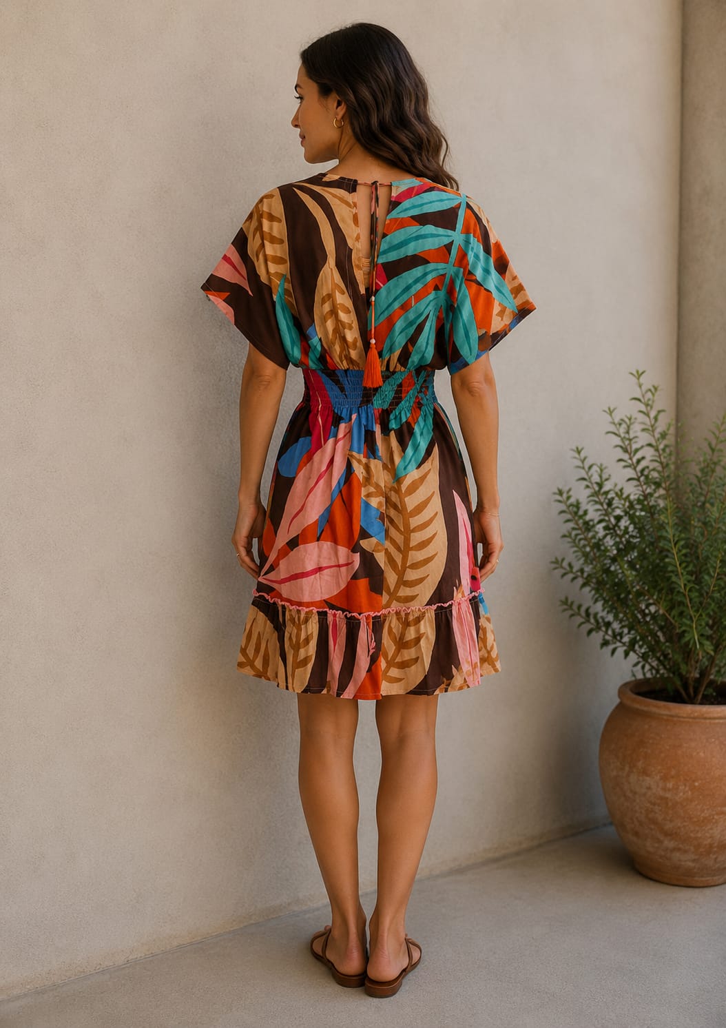 Women’s Tropical Sunset Leaf Print Smocked Midi Dress