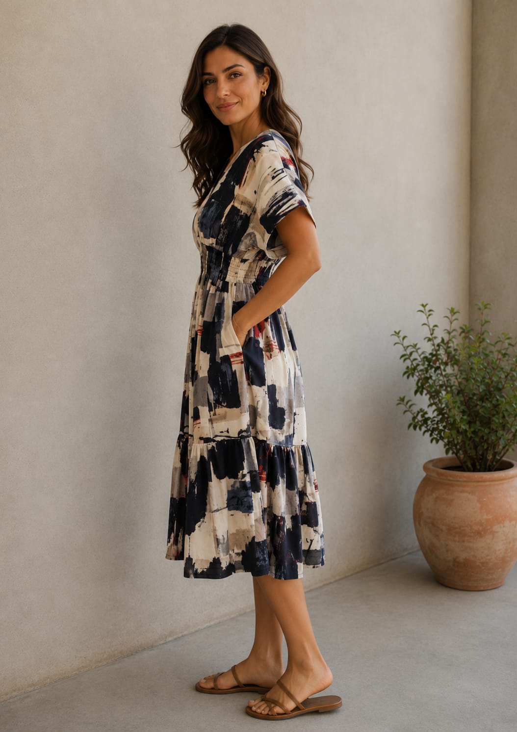 Women’s Abstract Brushstroke Smocked Midi Dress