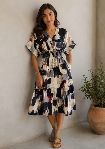 Women’s Abstract Brushstroke Smocked Midi Dress