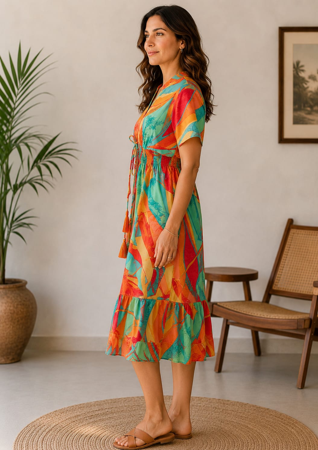 Women’s Tropical Sunset Print Smocked Midi Dress