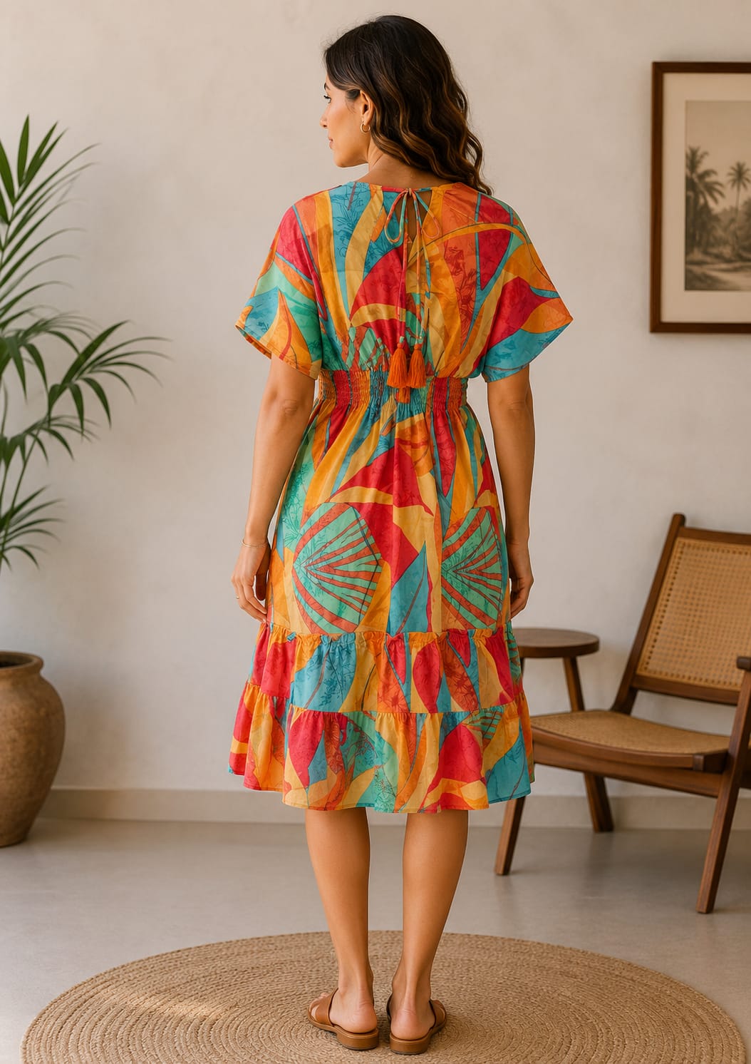 Women’s Tropical Sunset Print Smocked Midi Dress