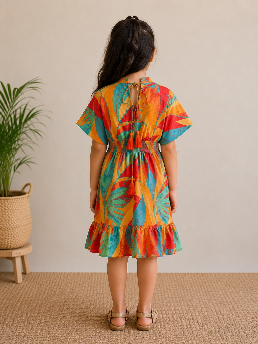 Baby Girls Tropical Leaf Printed Smocked Waist A-Line Dress