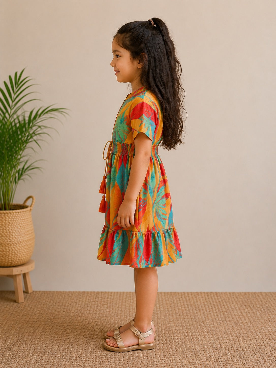 Baby Girls Tropical Leaf Printed Smocked Waist A-Line Dress