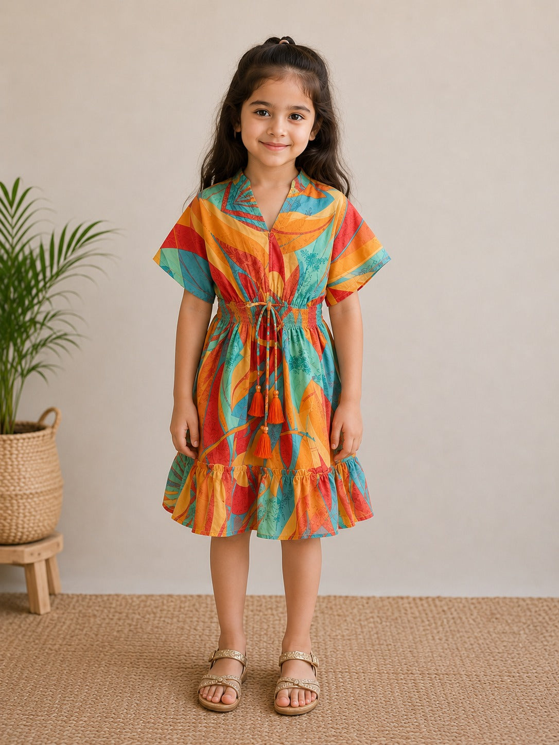 Baby Girls Tropical Leaf Printed Smocked Waist A-Line Dress