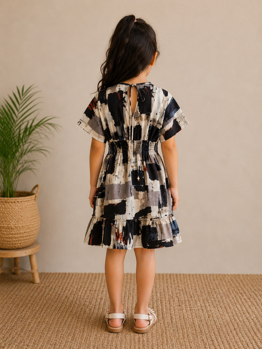 Baby Girls Abstract Brush Print Smocked Waist A-Line Dress